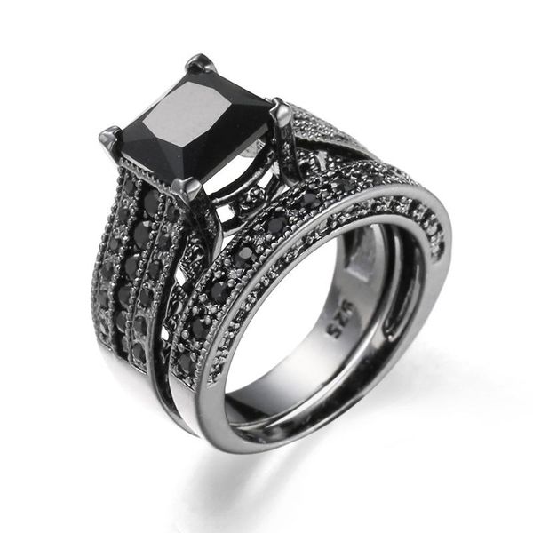 

wedding rings couple black gold plated princess cut cubic zirconia engagement ring set, Slivery;golden