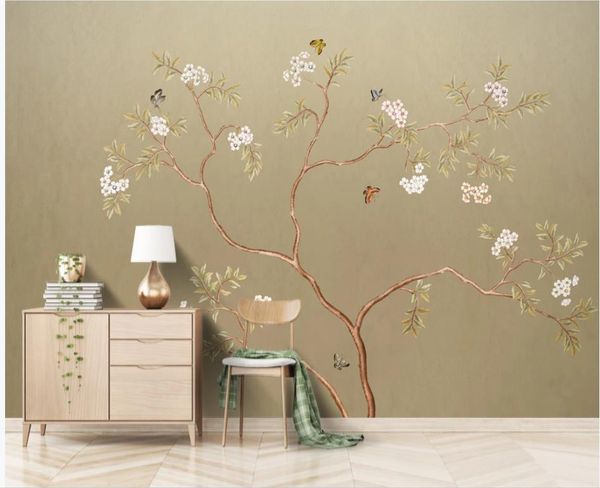 

wallpapers hand painted plum background wall chinese style bird and porch 3d murals wallpaper for living room