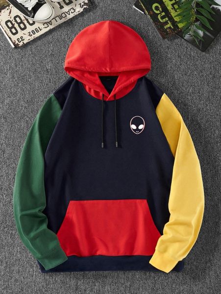 

men color block alien print kangaroo pocket drawstring hoodie i8se#, Black