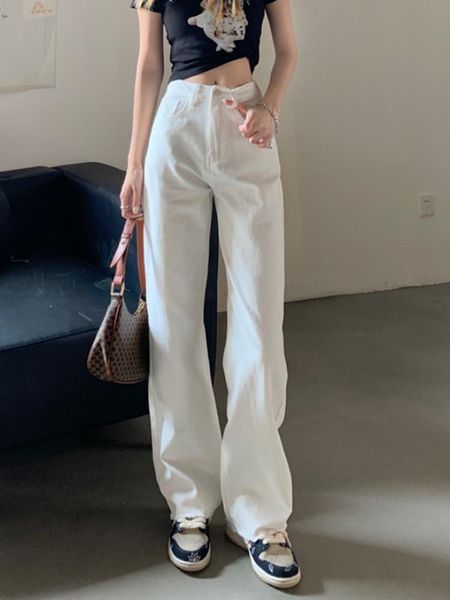 

women's jeans spring autumn thin high waist straight pants versatile white trendy wide leg rac, Blue