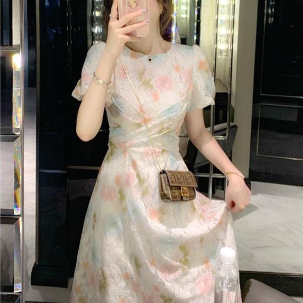 

casual dresses elegant floral fairy dress women french style retro sweet designer one-piece korean summer 2021, Black;gray