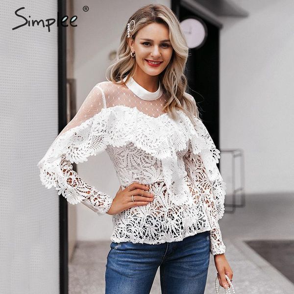 

ruffled lace mesh embroidery white women blouse shirt elegant hollow out long sleeve female ladies party 210414