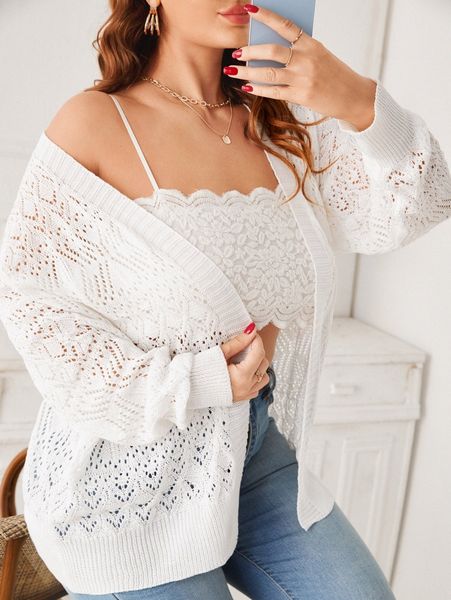 

plus pointelle knit drop shoulder open front cardigan h7ty#, Black