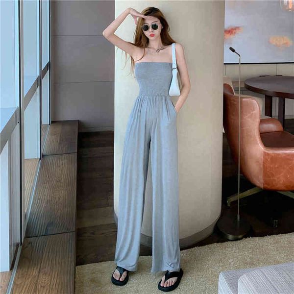 Modal Tube Top Overall Lose Lässige Hohe Taille War Dünn Drapieren Gerade Breite Bein Hosen Hosen Lange Overall Frauen elegante 210522