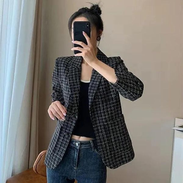 

women's jackets fashion business plaid tweed women office ladies workwear black long sleeve spring and autumn simple slim blazer, Black;brown