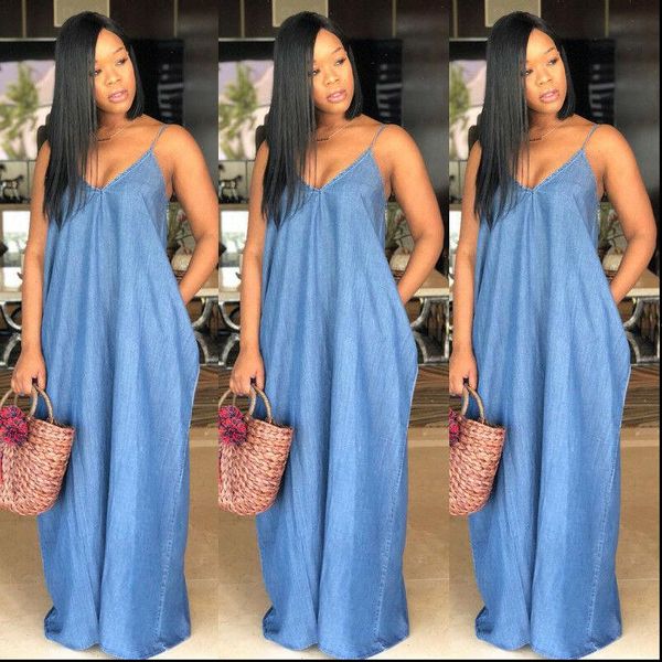 

boho backless baggy denim women dresses jeans maxi loose strapless vestidos plus size s xxxl, Black;gray