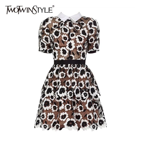 

vintage print women dress lapel collar puff short sleeve high waist hollow out lace up dresses female fashion 210520, Black;gray