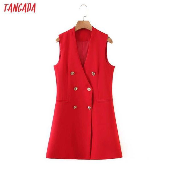 Tangada donna gilet lungo rosso gilet cappotto doppio petto ufficio donna blazer senza maniche top SL581 210609