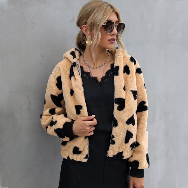 

women's wool & blends women coats and jackets winter long sleeve casual hooded warm heart fleece jacket zipper up short coat, Black