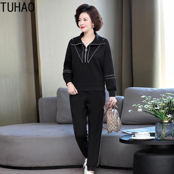 

plus size tracksuits tuhao middle age set for women leisure tracksuit spring autumn large 4xl 3xl casual suit two piece pants, Black