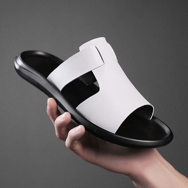 

slippers slip on mens shoes home soft breathable flat slides genuine leather summer indoor comfortable sandals beach flip ebvo, Black