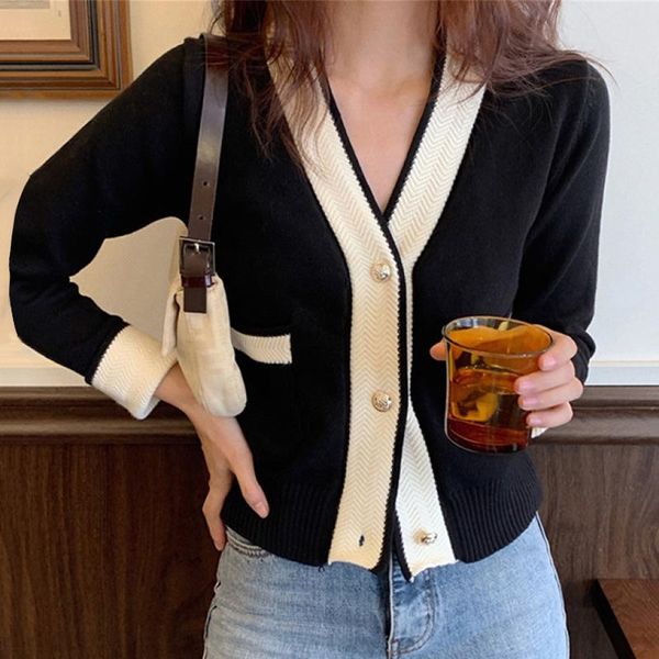 

women's knits & tees korean chic fall retro v-neck contrast color sweaters women design pearl buckle short knit cardigans elegant casua, White