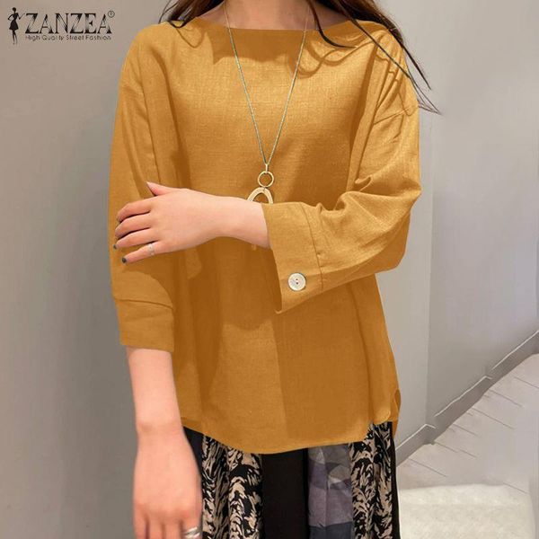 

women's blouses & shirts elegant loose casual holiday autumn women three quarter sleeve blouse o-neck solid button thin feminina, White