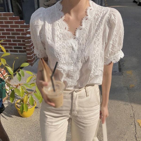 

women's blouses & shirts summer women lace hollow out blouse v-neck casual short sleeve blouse sweet loose solid shirt female top, White