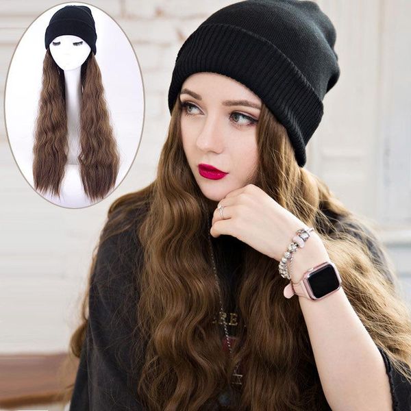 

beanies women's knit hat and long curly hair wig integration 5 color choose