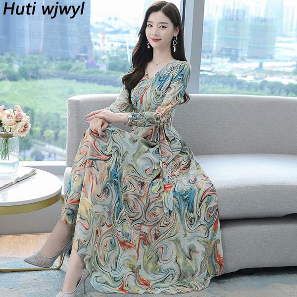 

casual dresses 2021 autumn winter women beach maxi dress vintage print floral chiffon midi elegant bodycon party long sleeve vestidos, Black;gray