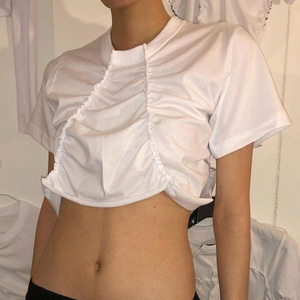 

women's t-shirt kefira ruched design women 2021 summer streetwear y2k chic slim crop harajuku white o neck casual short sleeve