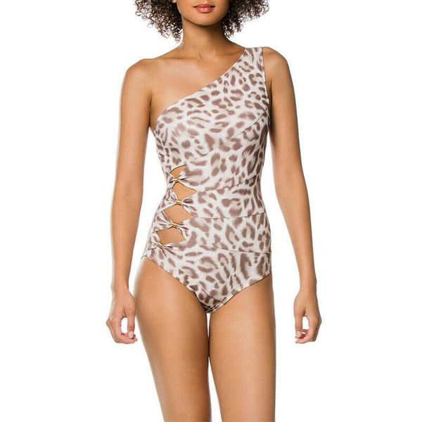 

women one shoulder hollow out leopard printed piece swimsuit summer swimwear plus size padded monokini beach one-piece suits