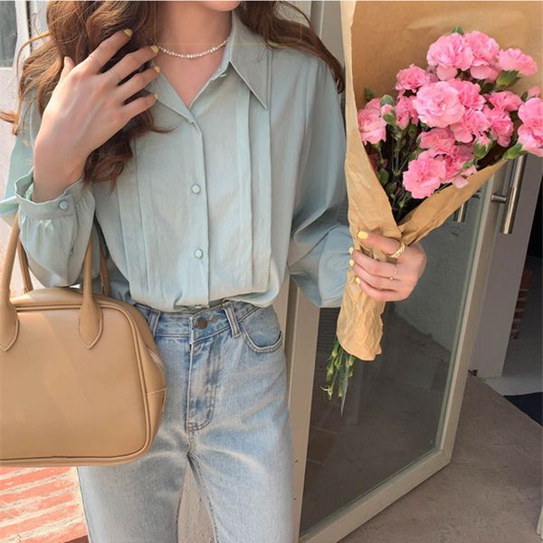 

4colors spring autumn women's blouse korean style pleated shirt women outwear long sleeve (x1805 210423, White