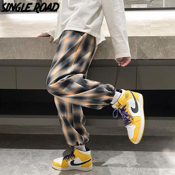 

single baggy plaid pants men 2021 spring orange joggers sweatpants japanese streetwear trousers casual harem for men's, Black
