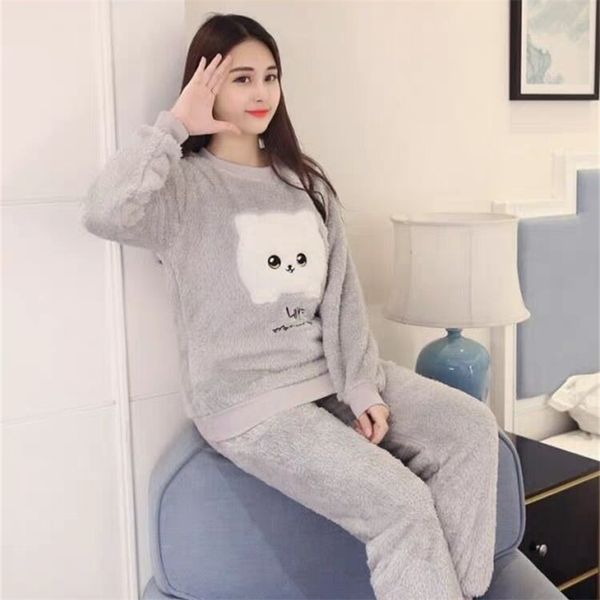 

autumn winter warm flannel women pyjamas sets thick coral velvet long sleeve cartoon sleepwear pajamas set girl 210809, Black;red