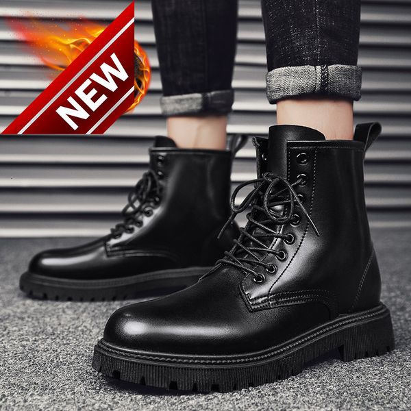 

winter martin long tube men's boots tooling locomotive snow plush thickened high leather shoes, Black