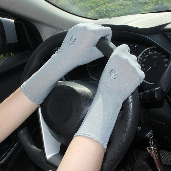 

five fingers gloves one pair sun protection driving women girls 2021 summer fashion thin stretch embroidery etiquette ceremony white, Blue;gray
