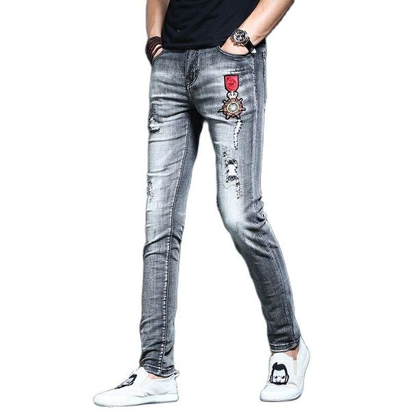 

men's jeans distressed ripped hole embroidery medal pants slim fit korean casual teenager grey cowboys long, Blue