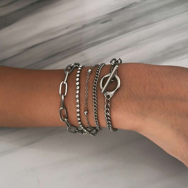 

jewelry simple geometry ot button versatile hand adornment women's creative mix multi-layer bracelet with diamond beads, Black