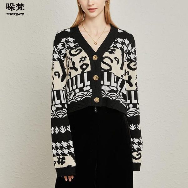 

women's knits & tees duofan cardigan for women asymmetry print v-neck sweater coat knitted casual loose long sleeve vintage french styl, White