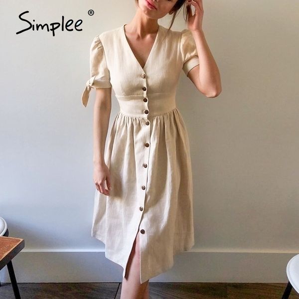 

simplee v-neck cotton women summer dress elegant buttons puff sleeve female solid sundress office work ladies midi dresses 210329, Black;gray