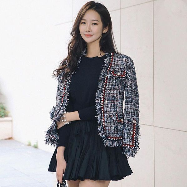 

women's jackets fashion runway tweed jacket coat 2021 autumn winter women fringed trim long sleeves front pockets pearls button short c, Black;brown