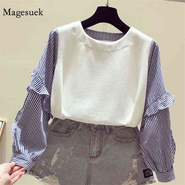 

autumn ruffles striped shirts women loose long sleeve blouse wmen o-neck knitted blouses femme 11941 210512, White