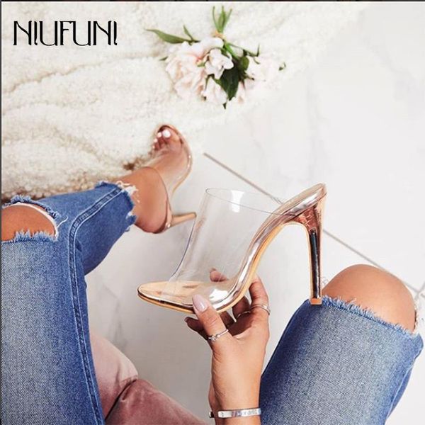 

slippers women's clear peep toe thin high heels mules gold slip on slide sandals transparent dress stiletto shoes women outside, Black