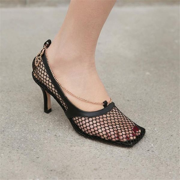 

luxury rome mesh gladiator sandals women stiletto high heels square toe 2021 summer ladies party dress shoes chains, Black