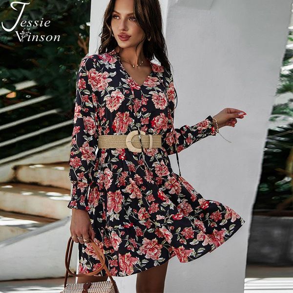 

jessie vinson floral print boho dress women long sleeve v-neck lace up bohemian short beach tunic dresses spring vestidos casual, Black;gray
