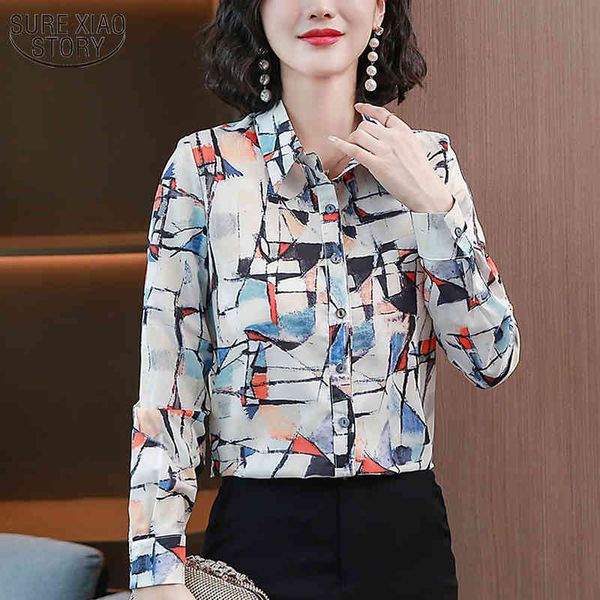 

autumn long sleeve silk shirt women's korean casual loose cardigan print women blouse and blusas mujer 10648 210508, White