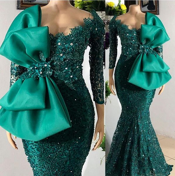 

mariage mermaid evening dresses long bow hunter green fishtail beaded african aso ebi prom gowns arabic party vestidos formales, Black