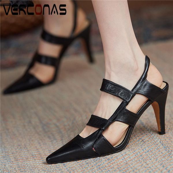 

fashion women sandals pointed toe hollow genuine leather high heels party casual concise spring summer shoes woman dress, Black