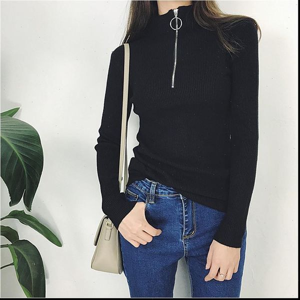 

girl zipper turtleneck solid spring women sweaters autumn knitted pullovers long sleeve chic soft jumper top, White;black