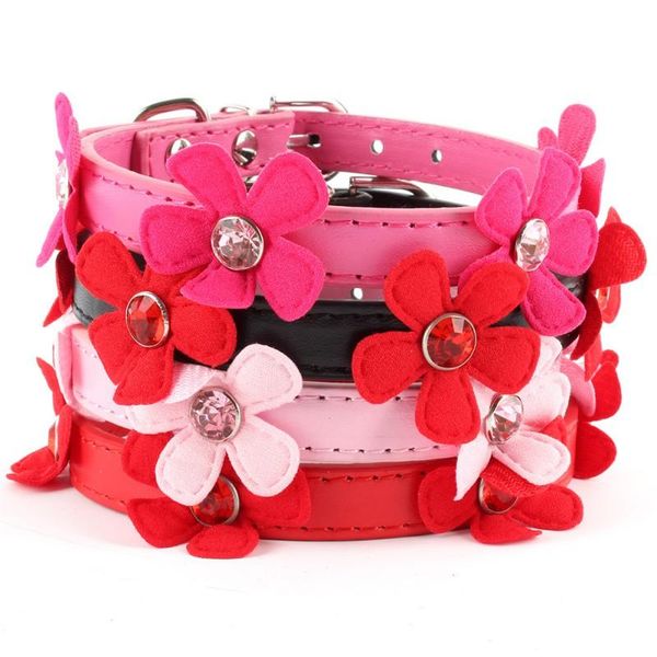 

small flower rhinestone neck strap pet dog cat pu leather collar buckle xs/s/m/l collars & leashes