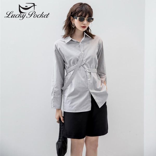 

women spring gray slim lapel shirt ladies fashion striped lace up button loose blouse long sleeve casual zy532 women's blouses & shirts, White
