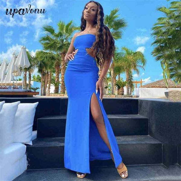 

fashion wrapped chest halter hollow split long dress women blue bodycon club party dresses vestidos 210524, Black;gray