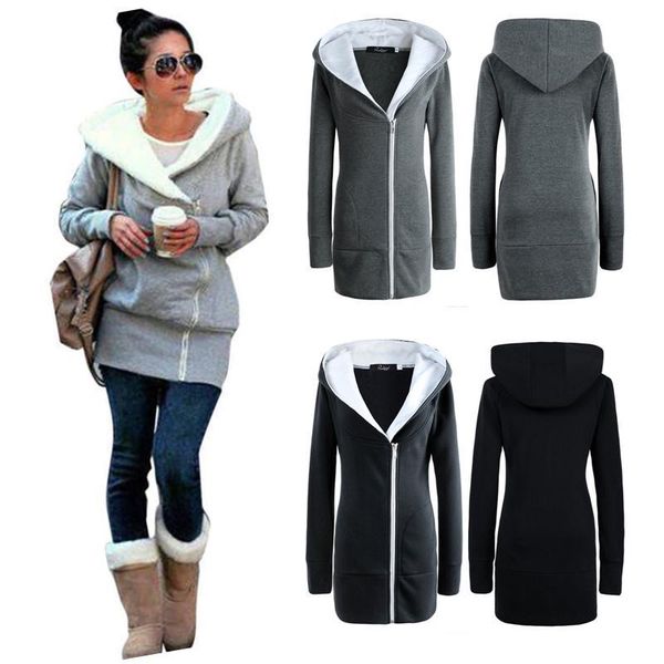 

cofekate coat women warm hoodies woman jacket oblique zipper long jackets ropa de mujer casual solid overcoat hooded winter women's, Black;brown