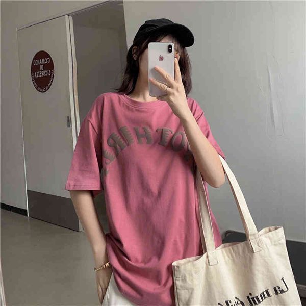 

letter pattern vintage causal loose short sleeve high street simple loose style summer women t-shirts 210522, White