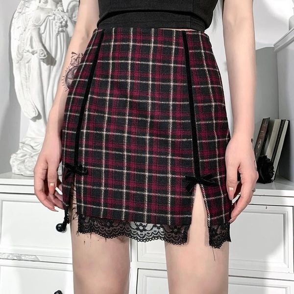 

skirts missme mini plaid skirt high waitsted split short pencil gothic black lace patchwork woman streetwear vintage