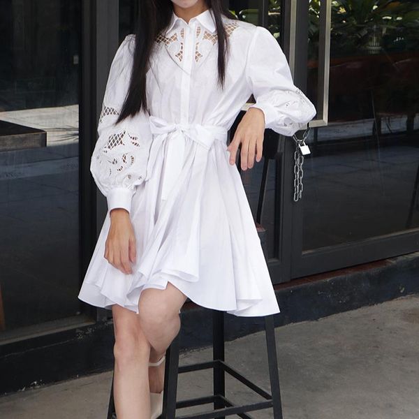 

summer dresses for women 2021 embroidery lantern long sleeve hollow white dress fashion casual, Black;gray