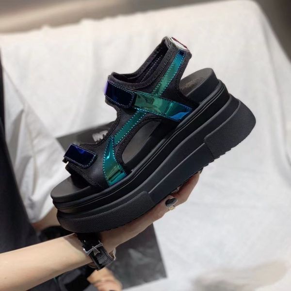 

stylishbox ~ y21052302 blue/orange/white sandals laser unicorn strappy 8cm platform calf skin genuine leather wedge casual sporty fashion wo, Black