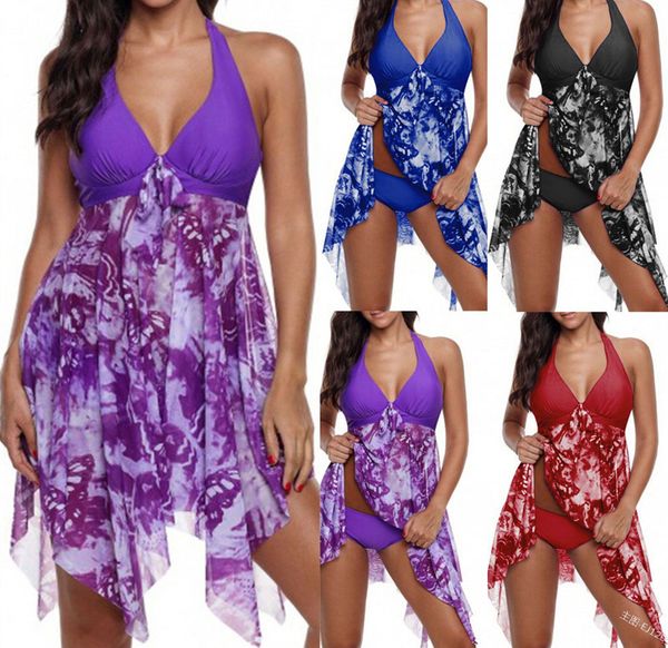 

2021 fat and bikini irregular hem split floral swimsuit, Red;black