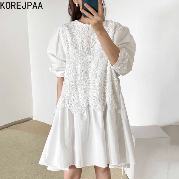 

korejpaa women dress summer korean fashion chic retro casual o-neck lace cut-out crochet stitching lace up loose dresses 210526, Black;gray